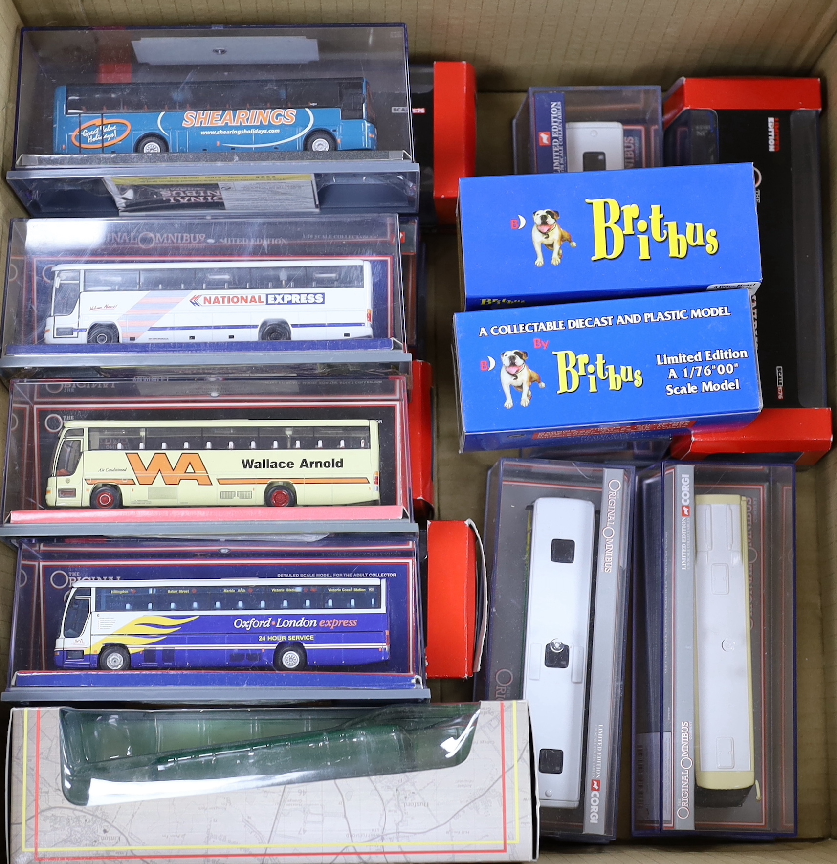 Two boxes of boxed EFE, Corgi OOC and Britbus diecast buses and coaches (33)